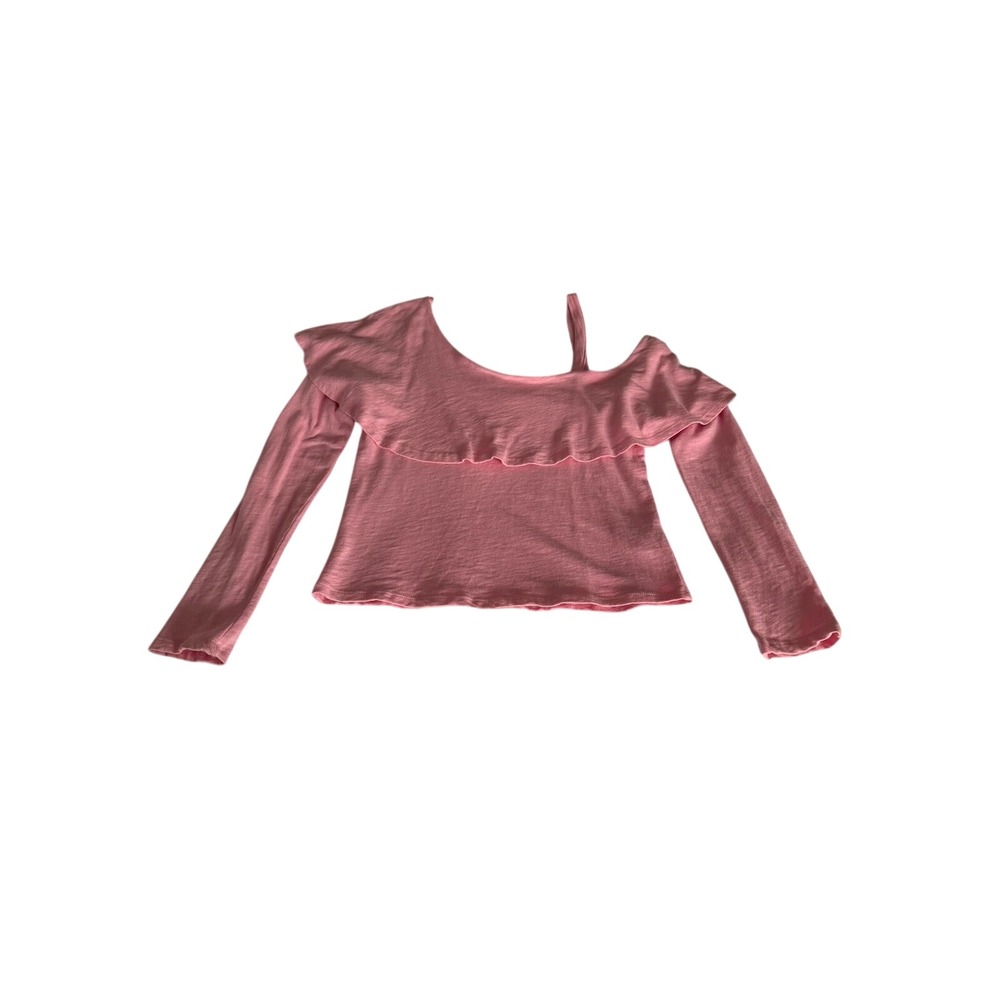 STOL Pink Ruffle Cold Shoulder Long Sleeve Cotton Top Small